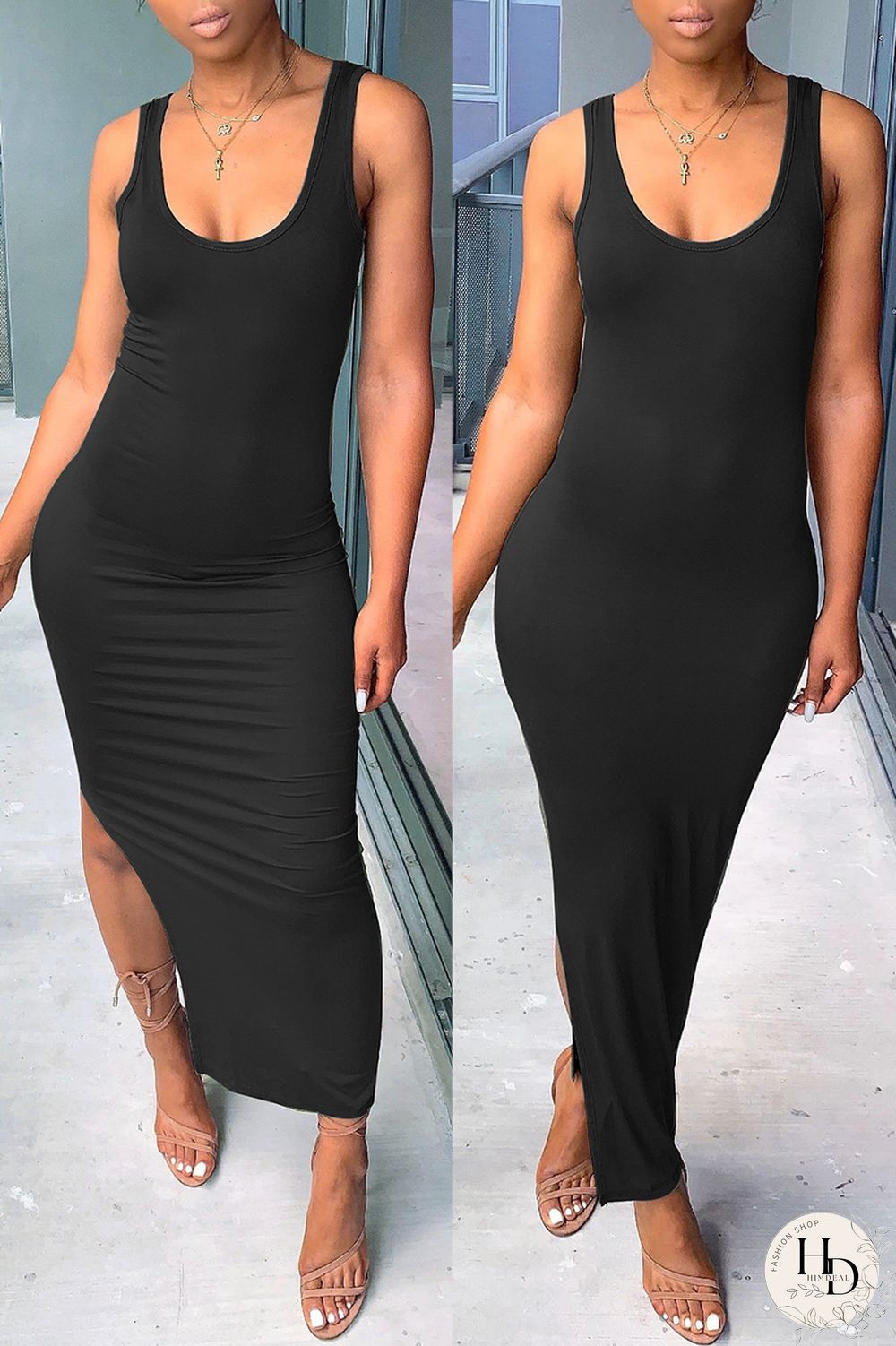 Black Fashion Casual Solid Slit O Neck Half Sleeve Two Pieces