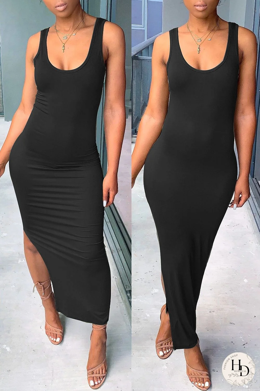 Black Fashion Casual Solid Slit O Neck Half Sleeve Two Pieces