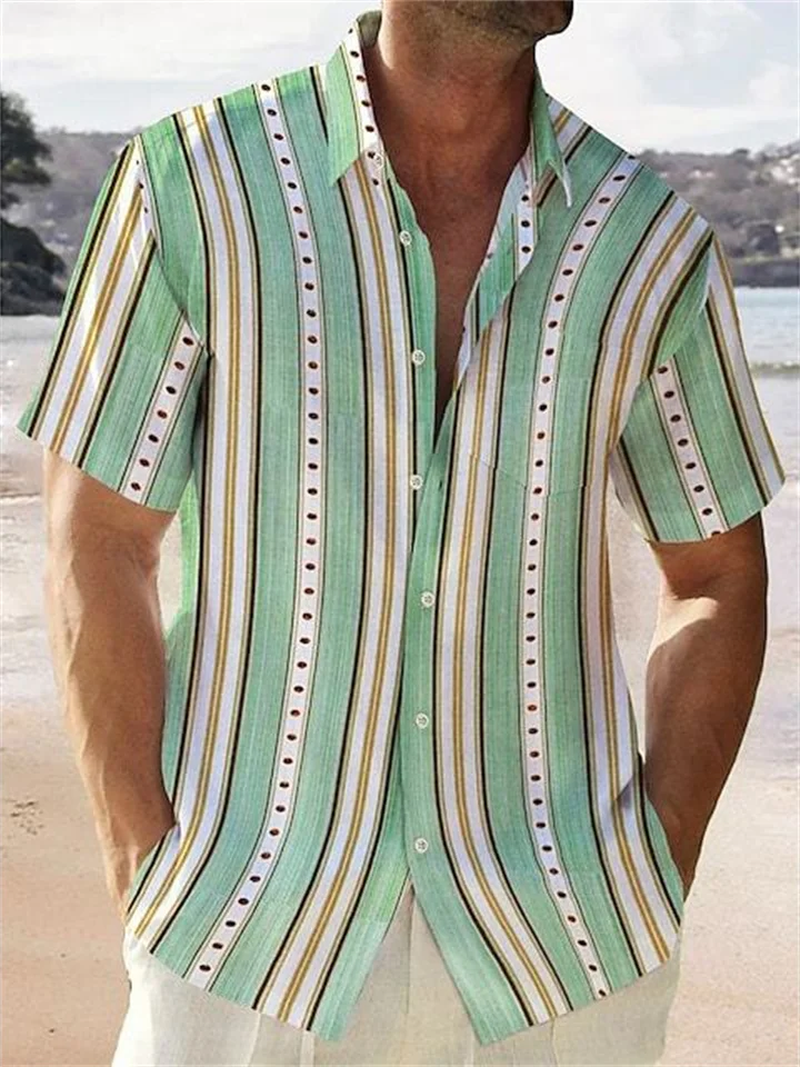 Men's Summer Shirt Light Green Vertical Stripe Casual Top-Mixcun