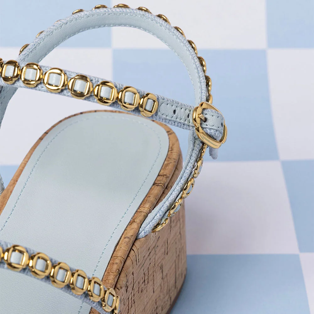 Light Blue Ankle Strap Open Toe Platform Heel Sandals with Gold Accent