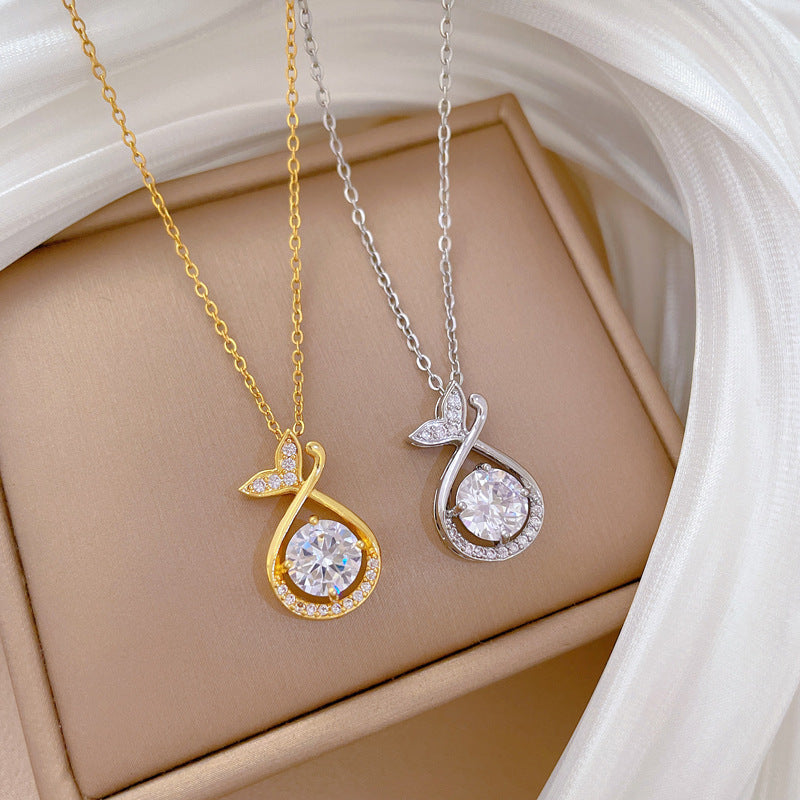 Fishtail Water Drop Full Diamond Fashion Gorgeous Full Diamond Necklace Female Versatile Clavicle Chain Titanium Steel