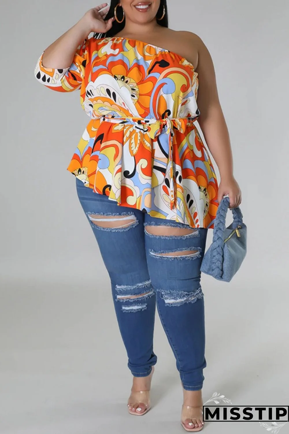 Black Yellow Casual Print Backless Oblique Collar Plus Size Tops