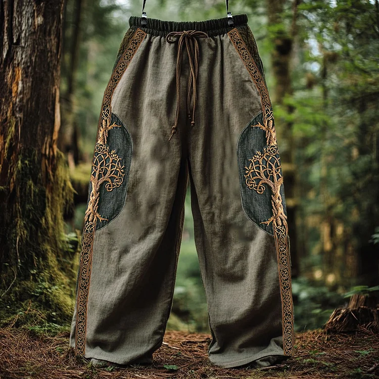 Men's Celtic Knot Life Of Tree Embroidery Art Wide-leg Pants