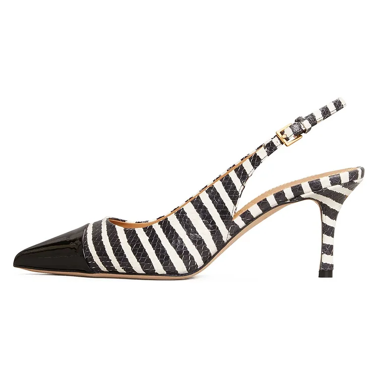 Black and White Snake Skin Stripes Pointy Toe Slingback Pumps |FSJ Shoes