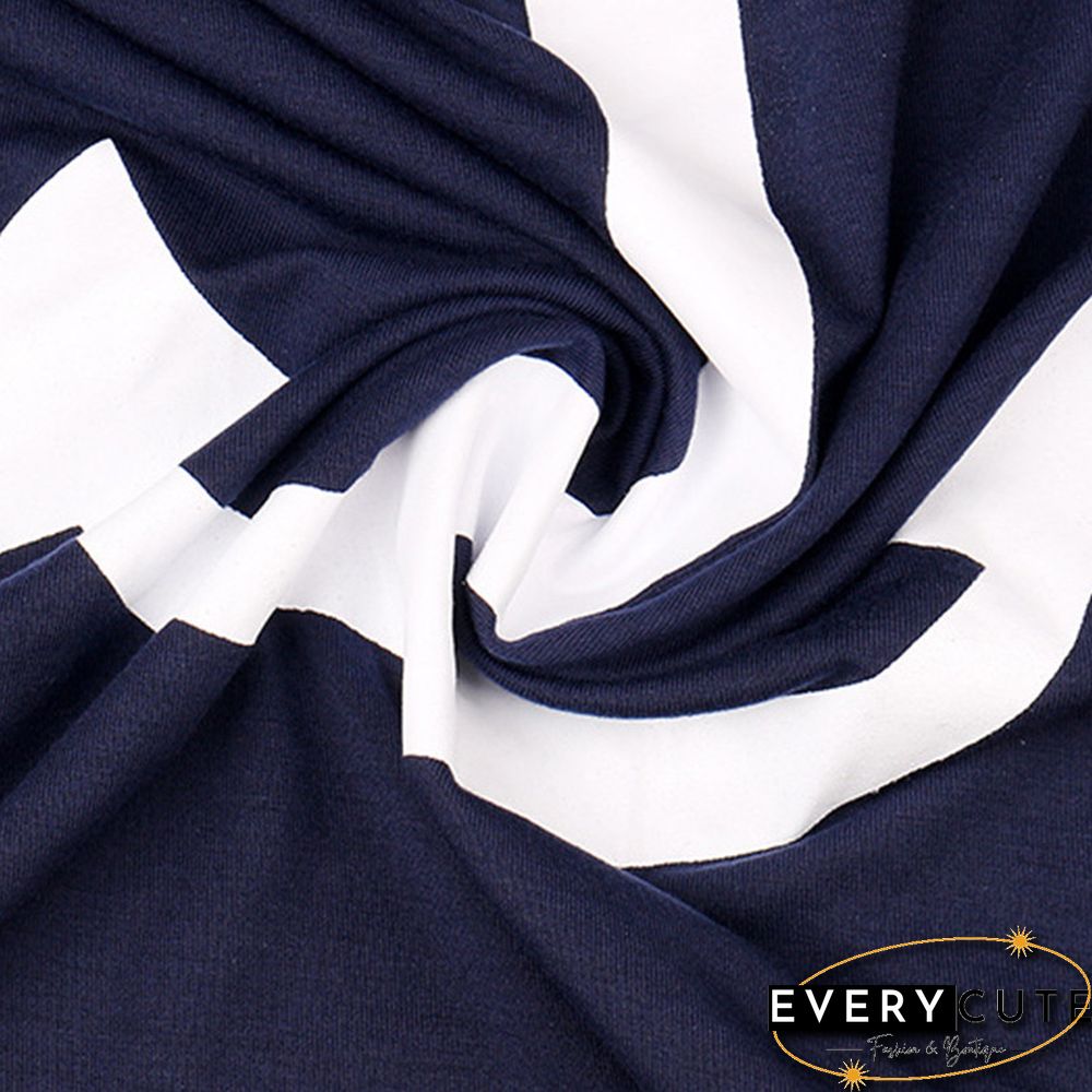 Navy Blue Long Sleeve Top and Striped Pant Set