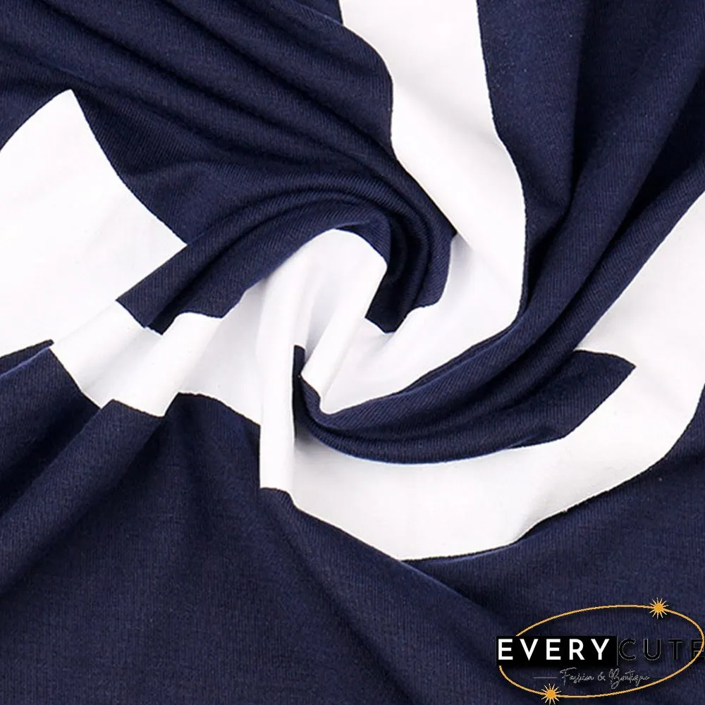 Navy Blue Long Sleeve Top and Striped Pant Set