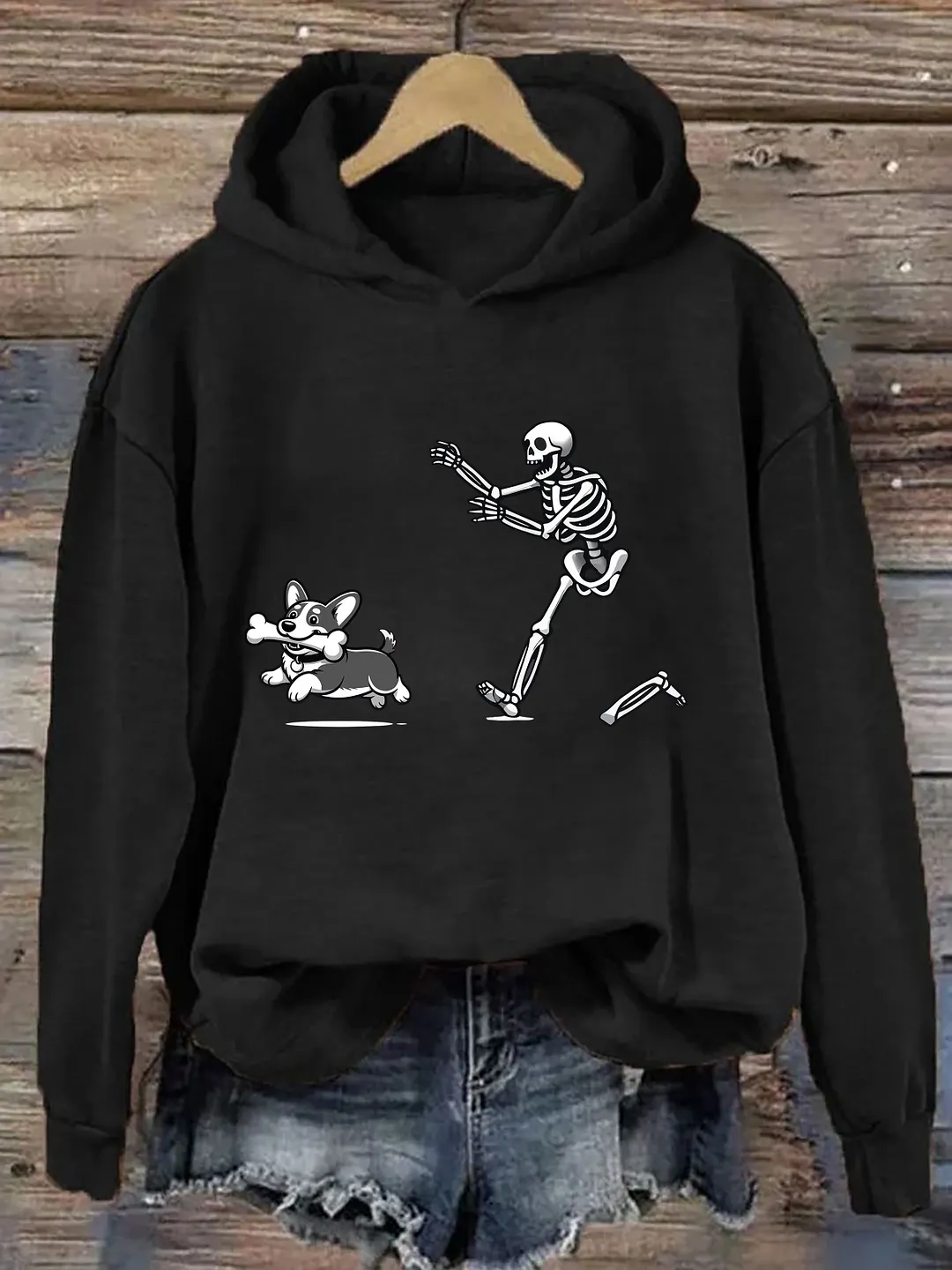 Funny Skeleton Chasing Corgi Hoodie