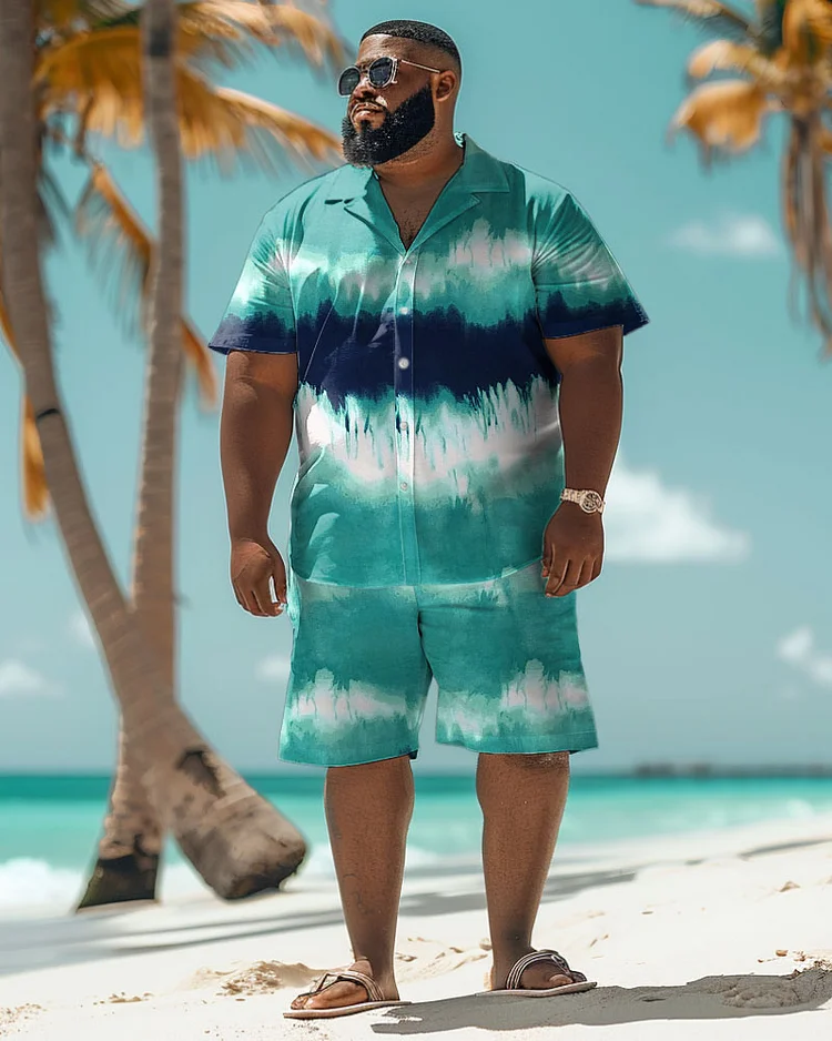 Men's Plus Size Hawaiian Tie-Dye Gradient Print Shirt Shorts Suit