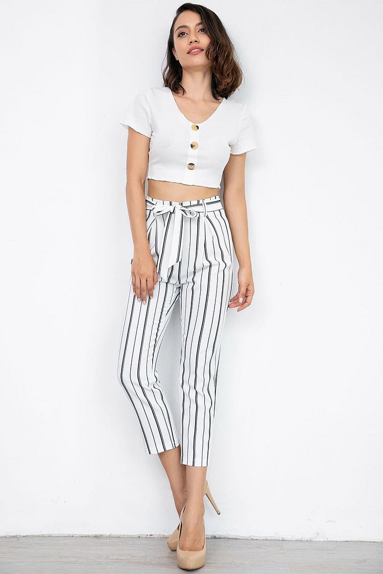 Black And White Striped Empire Belted Pants - Shop Trendy Women's Clothing | LoverChic