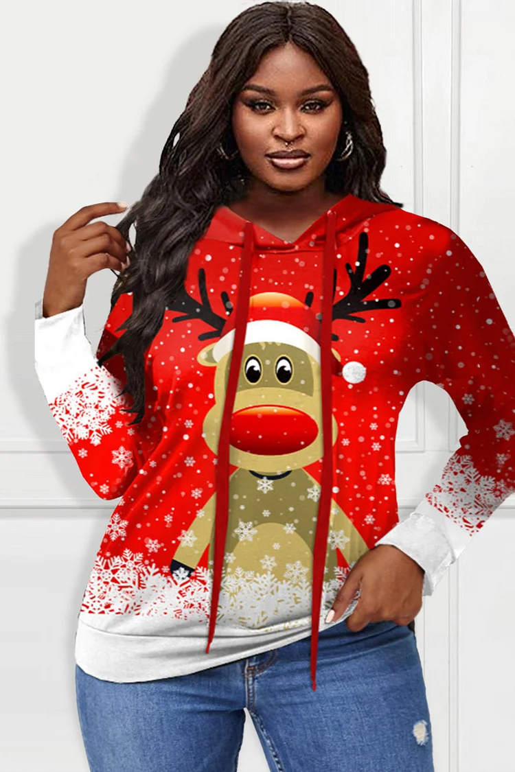 Xpluswear Design Plus Size Christmas Sweatshirt Casual Red All Over Print Short Fall Winter Hooded Long Sleeve Sweatshirt