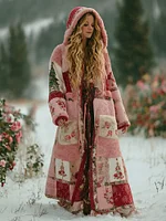 Women's Patchwork Floral Christmas Tree Print Plush Hooded Coat