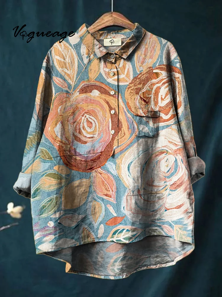 Delicate And Elegant Soft Rose Printed Cotton And Linen Shirt