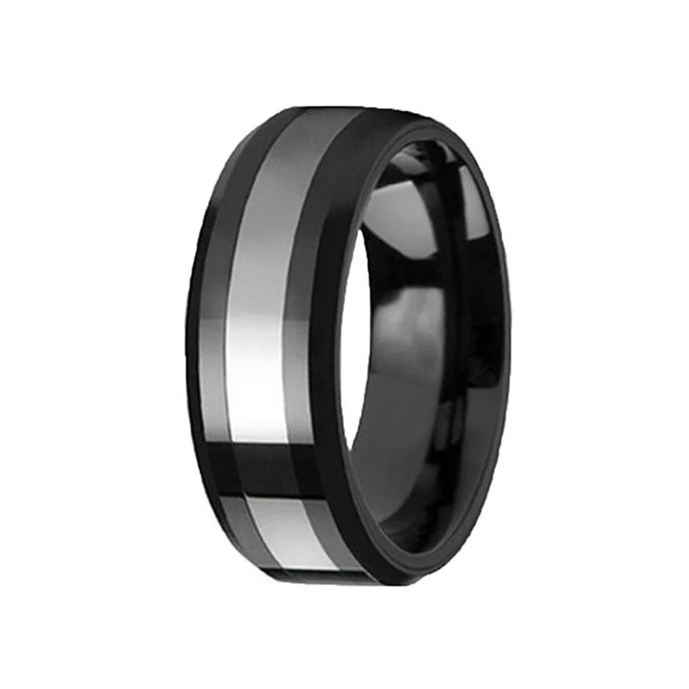 Men Black Tungsten Carbide Rings High Polished Silver Center 8MM Wedding Bands