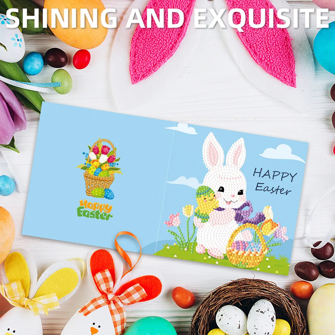 4Pcs Rabbit Easter Egg Theme DIY Diamond Painting Greeting Card Set with Envelopes 5D Unique Rhinestone Arts Card Rhinestone Diamonds Art Postcards for Adults Gifts Families Friends Partners