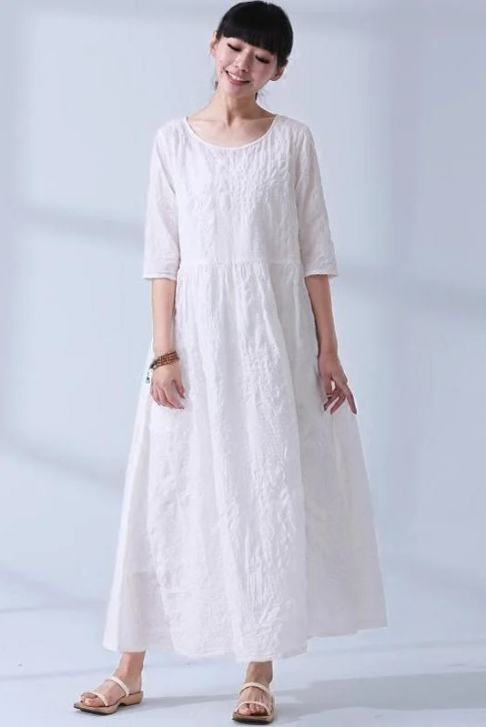 National Wind Summer Elegant Jacquard Cotton Linen Casual Loose Maxi ...