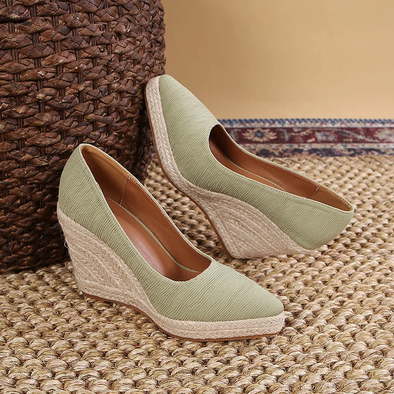 Wongn Wongn And Autumn New Slope Heel Thick Bottom Shallow Mouth Pointed Single Shoes Women Grass Hemp Rope Bottom Large Size Shoes