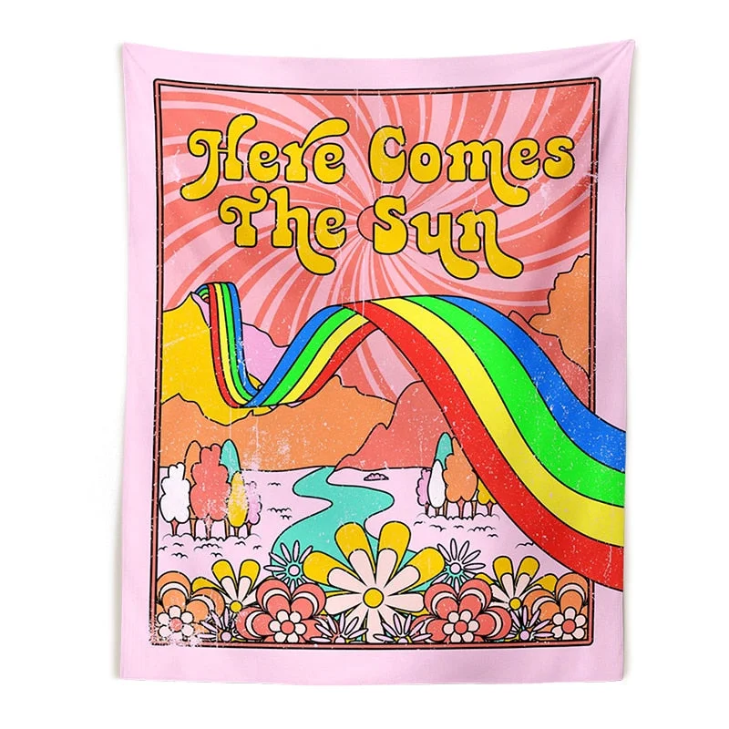 70s Here Comes The Sun Wall Art Tapestry Wall Hanging Retro Rainbow Sun and Moon Vintage Sunshine Tapestries Art Home Decor