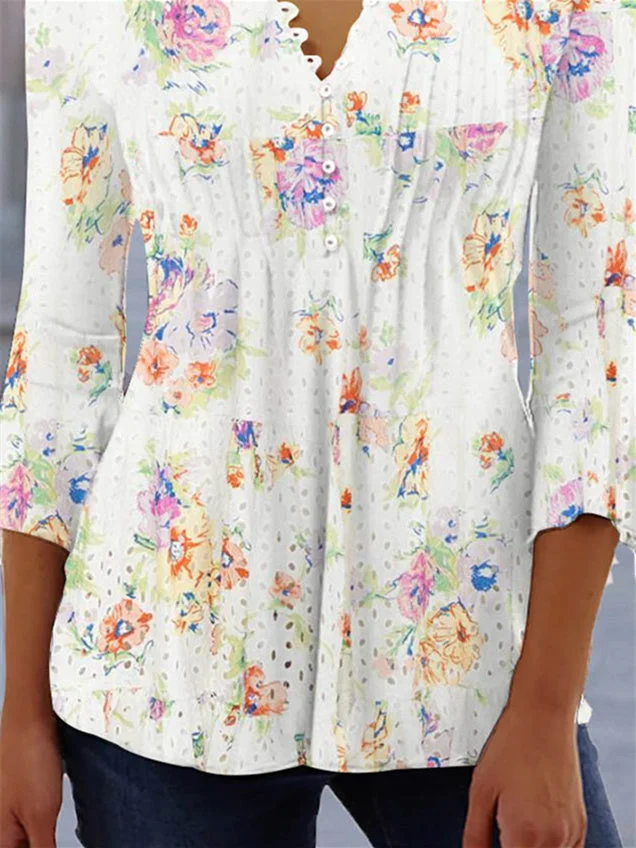 Women 3/4 Sleeve V-neck Floral Printed Tops