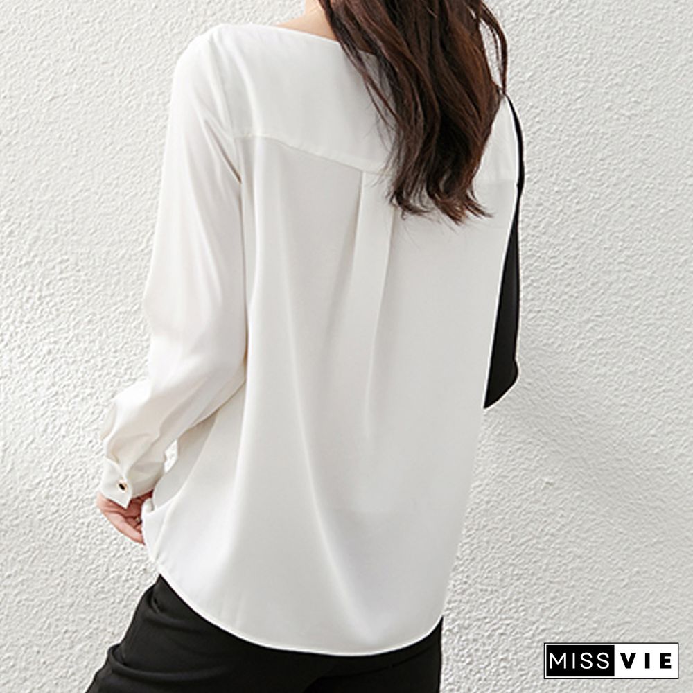 Casual Korean Style Long Sleeve Loose Shirt Diagonal Collar Office Ladies Chiffon Shirt Print Ladies Fashion Patchwork T Origin