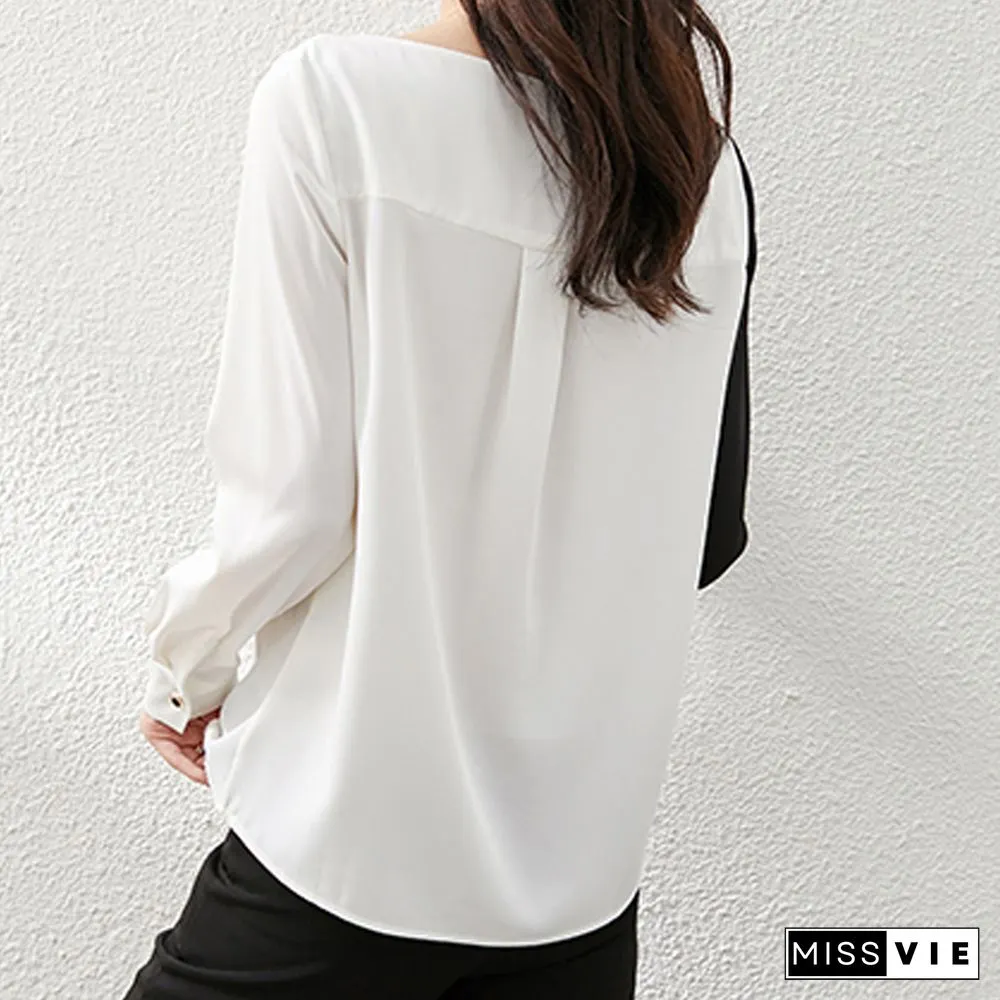 Casual Korean Style Long Sleeve Loose Shirt Diagonal Collar Office Ladies Chiffon Shirt Print Ladies Fashion Patchwork T Origin