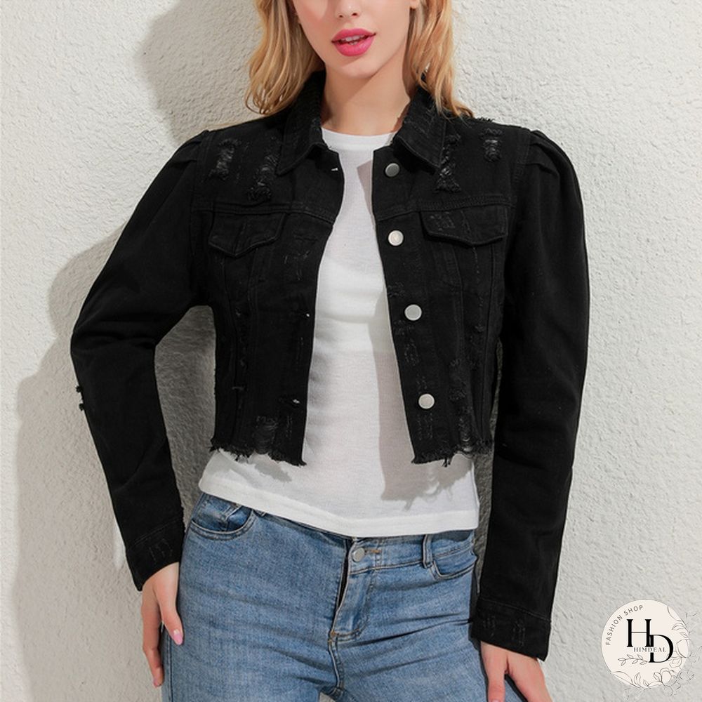 Women's Fashion Short Denim Jacket Puff Sleeve Denim Jacket