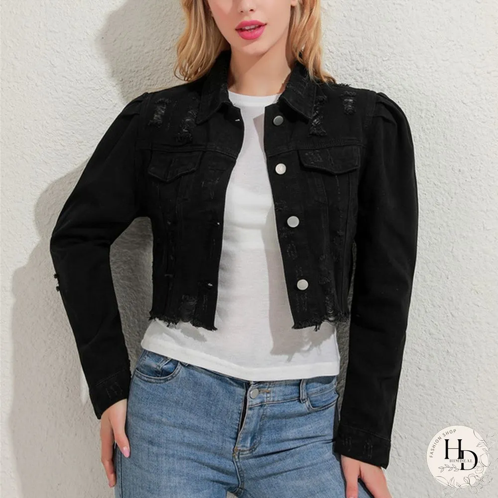 Women's Fashion Short Denim Jacket Puff Sleeve Denim Jacket