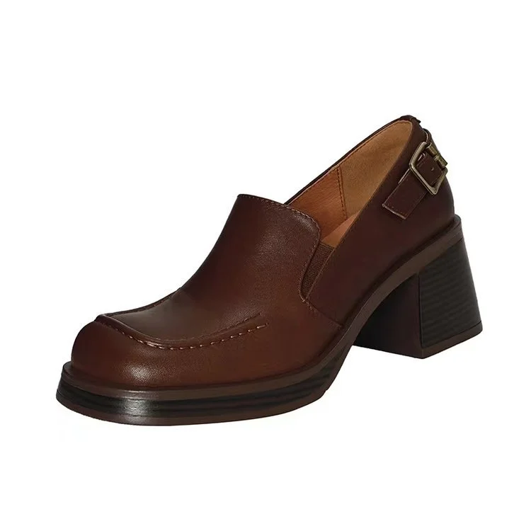 Yyvonne Women's 2025 Spring And Autumn Retro Large Belt Buckle Deep Thick-Sed Thick Heel Round Head Tight With High Heels