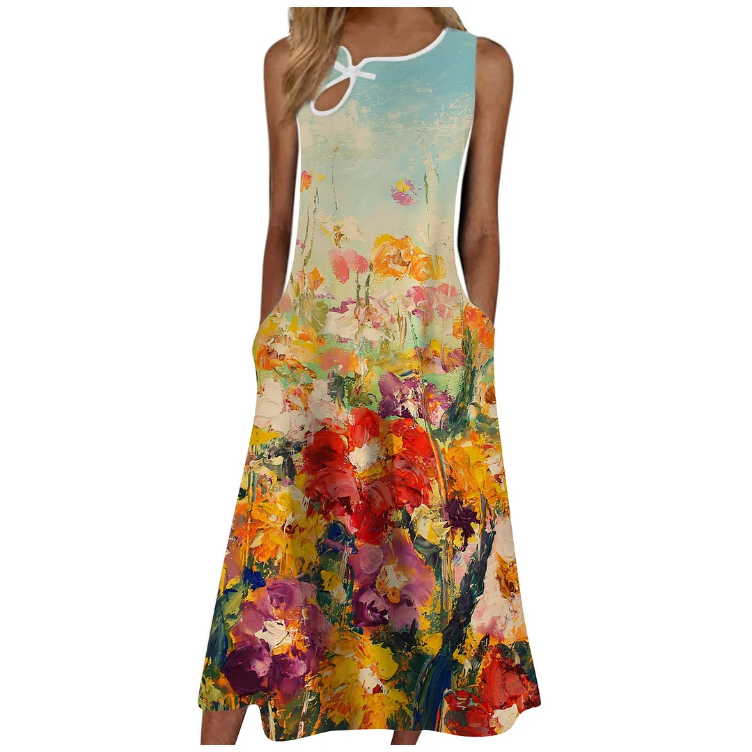Summer floral print sleeveless midi Dress
