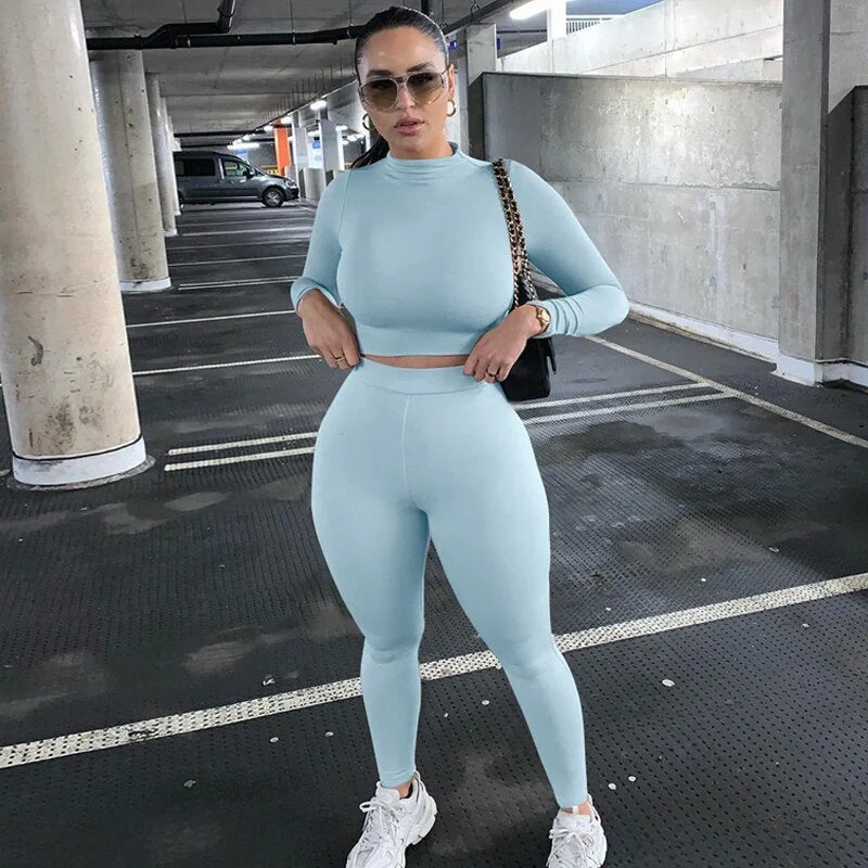 Hugcitar 2020 Long Sleeve Sexy Crop Tops Leggings 2 Pieces Set Summer Women Streetwear Outfits Pure Tracksuit Joggings Suit
