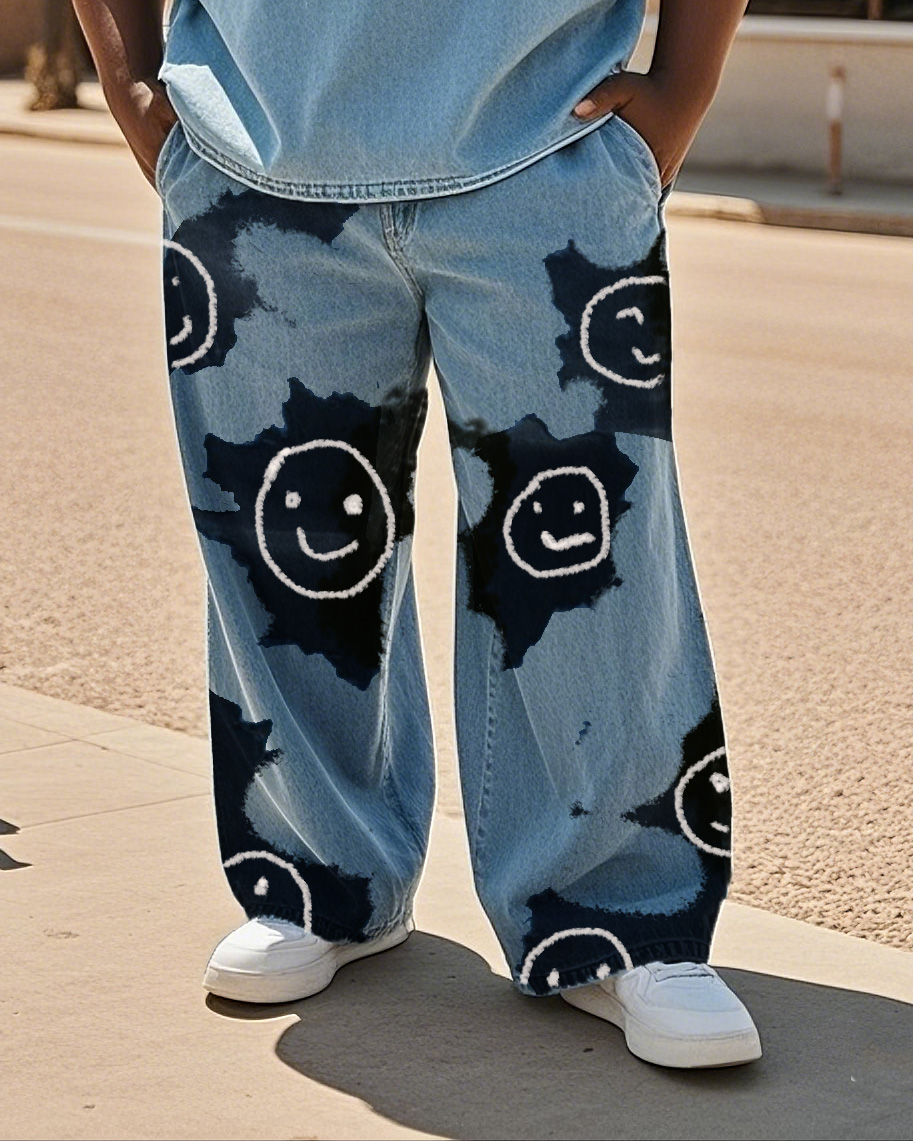 Plus Size Men's Creative Design Black Covered Small Graffiti All-match Printed Loose Jeans