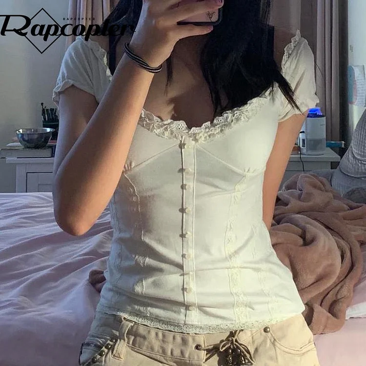 Rapcopter y2k Frill Crop Top Button Short Sleeve Cute Sweet Tee Women Vintage Basic Casual T Shirt Women Summer Chic Korean Tops