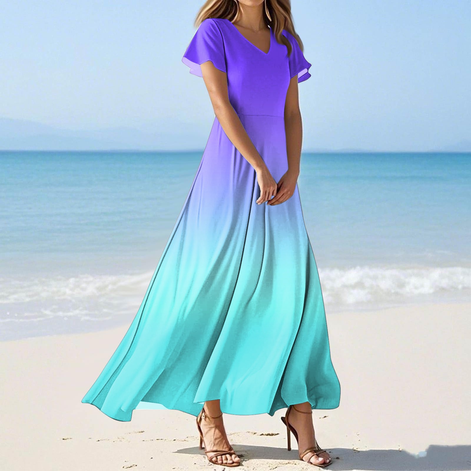 Maxi Dresses For Women V Neck Short Sleeve Dress Empire Waist Boho Summer Holiday Beach Flowy Dresses Evening Dresses