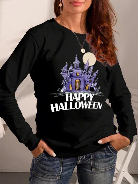 Cotton-Blend Casual Long Sleeve Halloween Sweatshirt