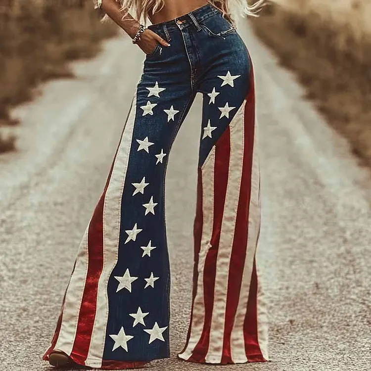 Vintage Independence Day America Flag Patchwork Art Design Jeans