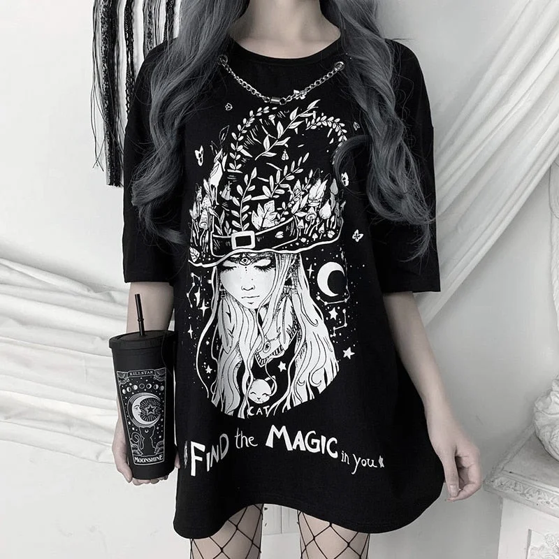 InsGoth Vintage Oversized T-shirts Gothic Swith Print Loose Women Black Top T-shirt Streetwear Casual O-neck Punk Long Tops