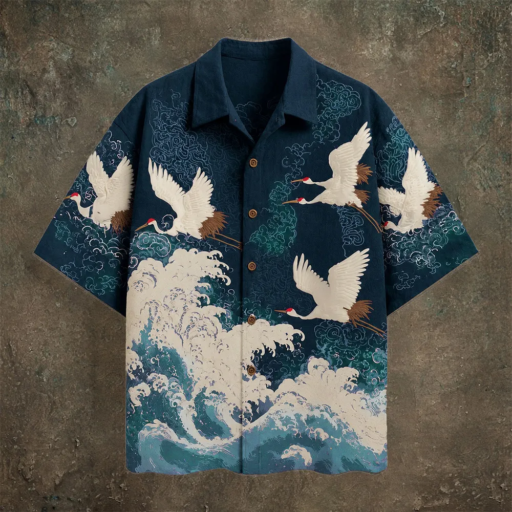 Cottonwardrobe Japanese Wave & Crane Men's Casual Linen Short