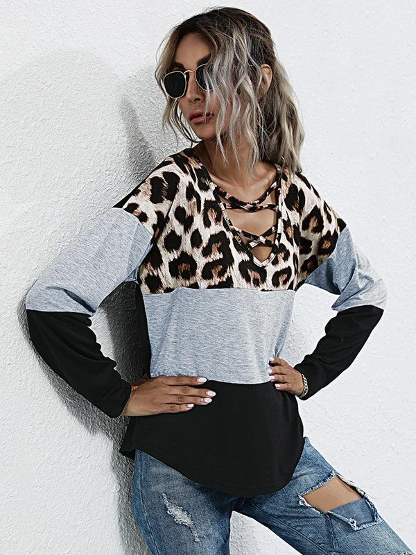 Women Long Sleeve V-neck Leopard print Stitching Women Tops