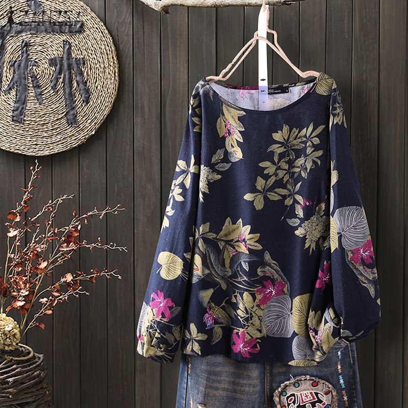 Women's Summer Floral Blouse Vintage Printed Tops Casual Long Sleeve Shirts