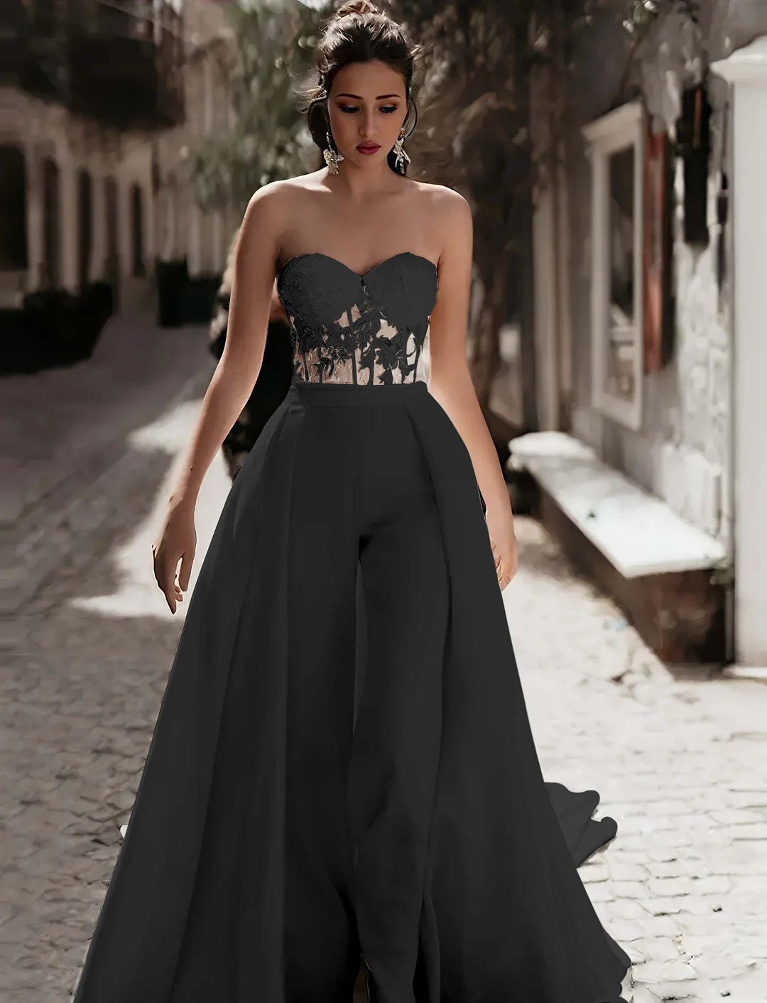 Daisda Simple Ivory Sweetheart Strapless Sleeveless Long Wid-Leg Jumpsuit with Embroidered