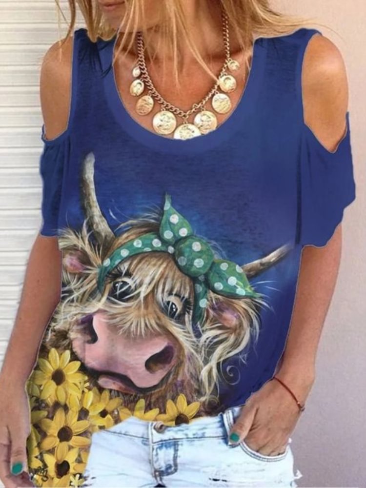 Artwishers Lovely Cow Painting Hollow Shoulder T Shirt