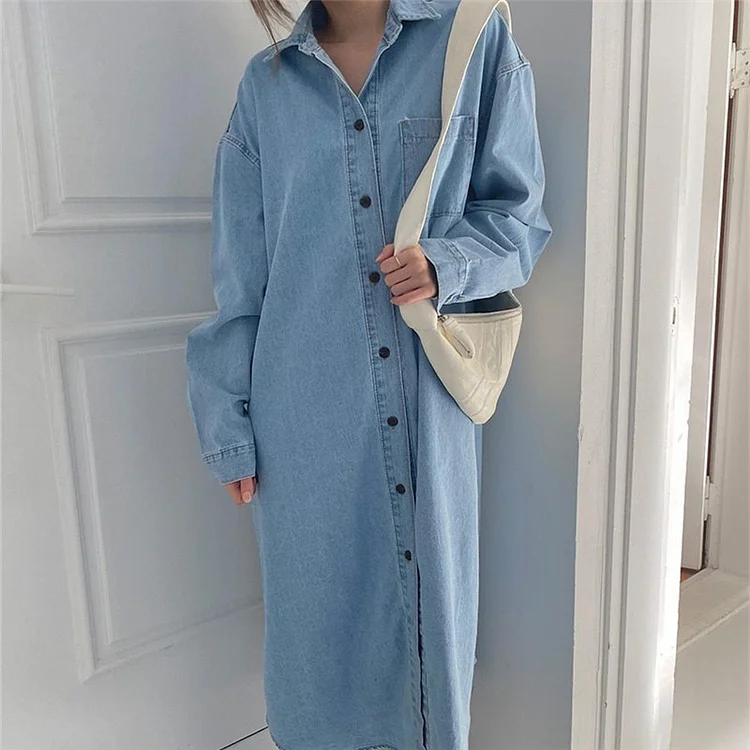 Casual Solid Color Lapel Long Sleeve Denim Dress - yankia