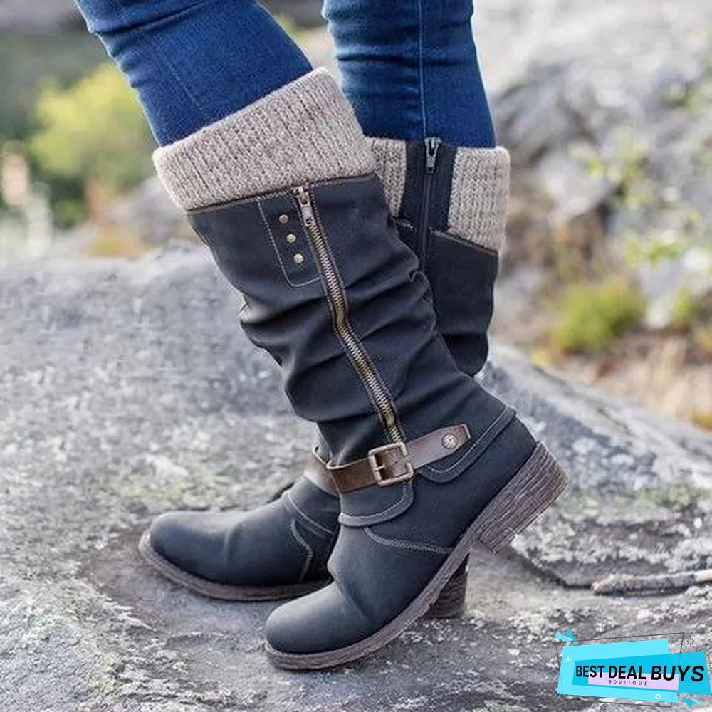 Women Casual Winter Knitted Zipper Mid Calf Boots