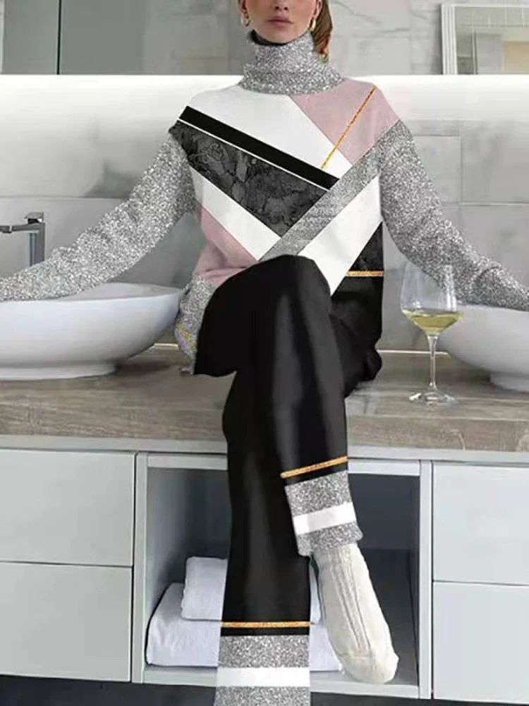 UForever21 Women's Turtleneck Elegant Print Tracksuit 2023 Spring Long Sleeve Top High Waist Trousers Suit Female Loose Casual Pants Suits