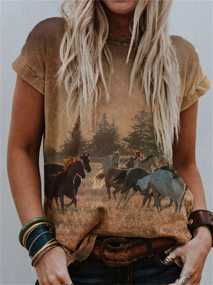 VChics Western Running Horses Print T Shirt