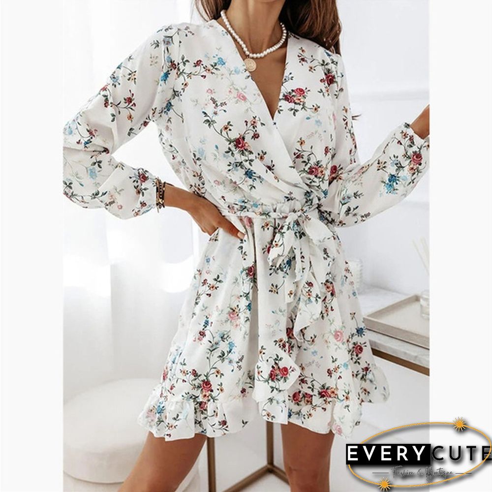 Fall Fashion Floral Print V-neck Long Sleeve Slim Mini Dress Ladies Elegant Vestidos