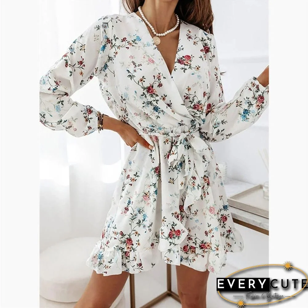 Fall Fashion Floral Print V-neck Long Sleeve Slim Mini Dress Ladies Elegant Vestidos
