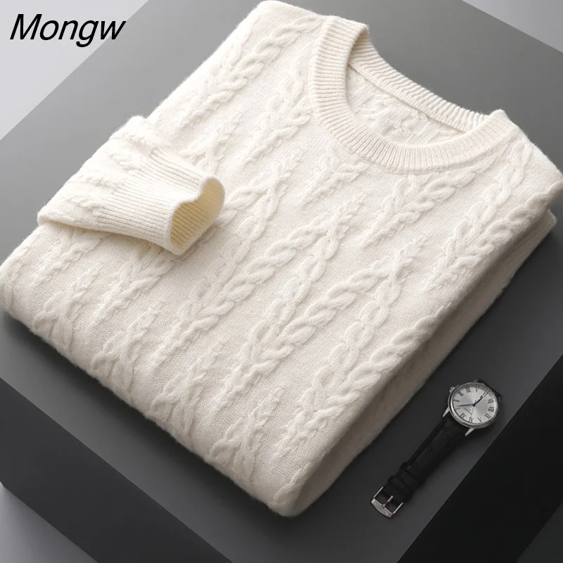 Mongw Winter 100% Cashmere Sweater Men's O-Neck Loose Pullovers Fashion New Large Size Sweaters Youth Thicken Knit Base Shirts 1109-0