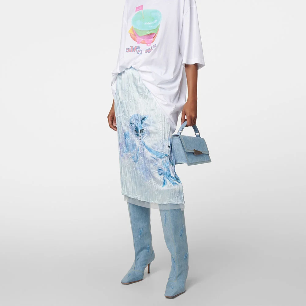 Blue Denim Square Toe Stiletto Heel Distressed Knee High Boots