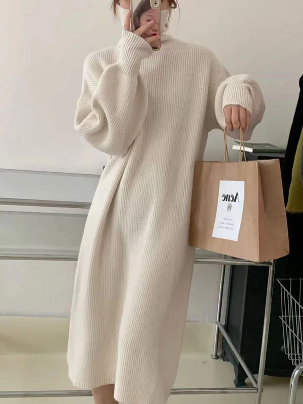 Long Sleeves Loose Solid Color High Neck Midi Dresses Sweater Dresses