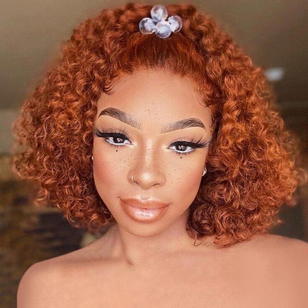 Junoda Burnt Orange Ginger Color Short Curly Bob Wigs Lace Front Wig